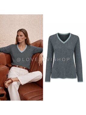 Sweater | Armani Collezioni Houndstooth V Neck Pullover Sage Black | Luxury Knit